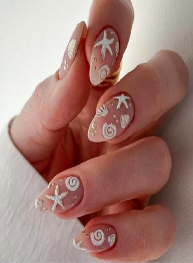 TOGZOM Summer Press on Nails Almond Beach Fake Nails 3D Ocean Acrylic Nails White Sea Shell Starfish Artificial Nails Medium Length False Nails Glue on Nails for Women Girls Manicure 24Pcs - Image 2